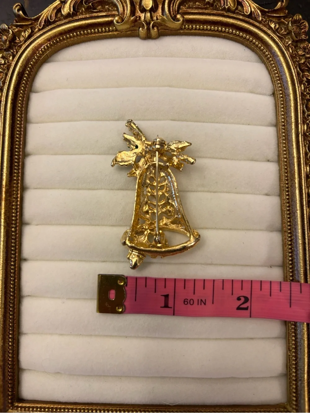 Gold‎ Tone Bell Brooch Christmas Holiday Pin Holly Leaves Red Green Enamel